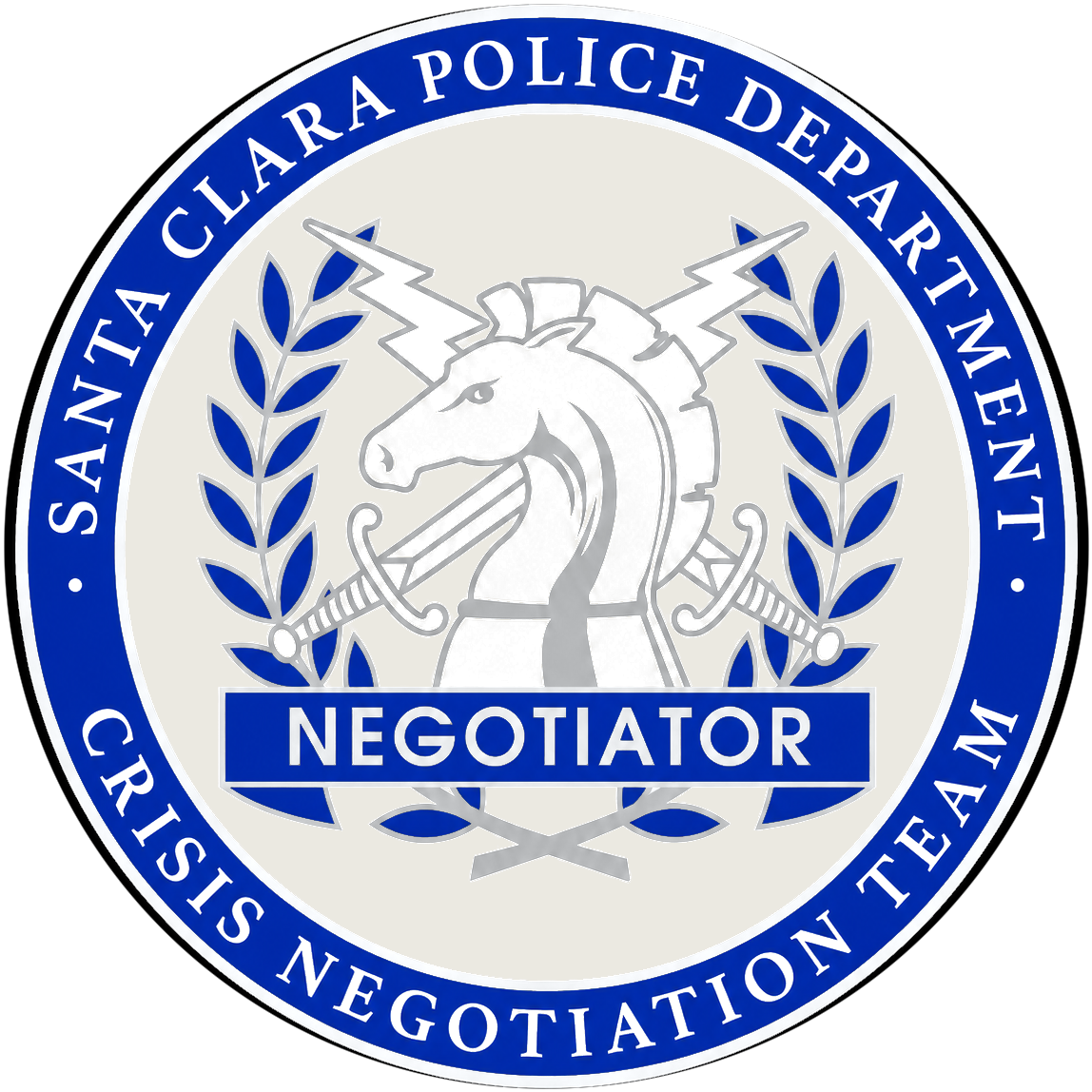 Santa Clara Police Crisis Negotiation Team pin, polished silver and blue enamel