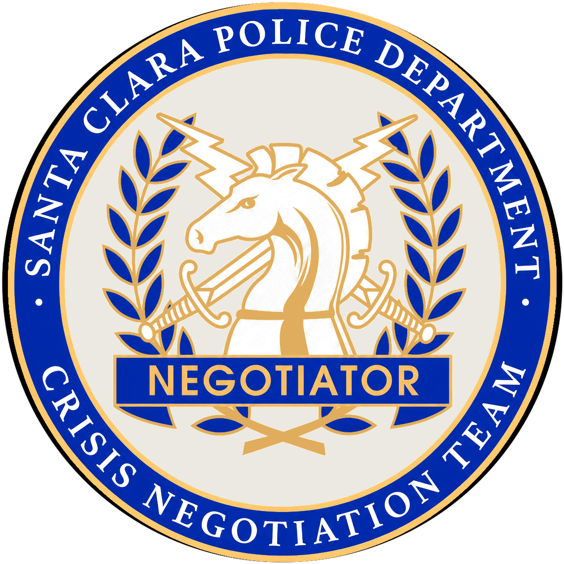 Santa Clara Police Crisis Negotiation Team pin, polished gold and blue enamel